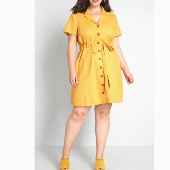 knee length dresses for ladies Linen Blend Sleeve Button-Front Dress